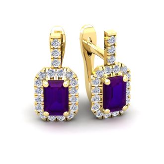 1 1/2 Carat Amethyst and Halo Diamond Dangle Earrings In 14 Karat Yellow Gold