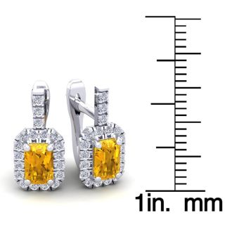 1 1/2 Carat Citrine and Halo Diamond Dangle Earrings In 14 Karat White Gold