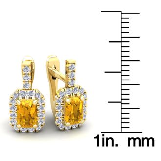 1 1/2 Carat Citrine and Halo Diamond Dangle Earrings In 14 Karat Yellow Gold