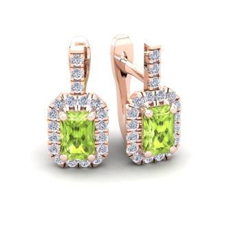 1 3/4 Carat Peridot and Halo Diamond Dangle Earrings In 14 Karat Rose Gold