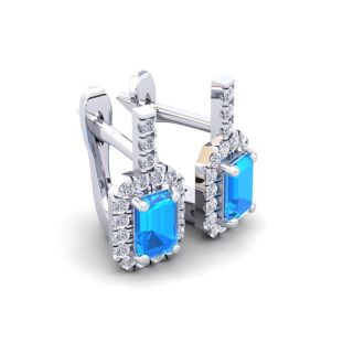 1 3/4 Carat Blue Topaz and Halo Diamond Dangle Earrings In 14 Karat White Gold