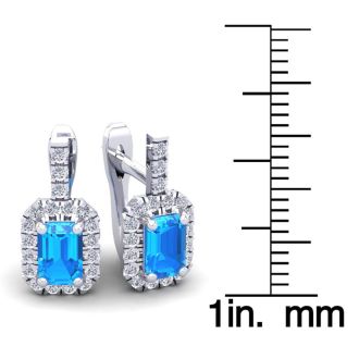 1 3/4 Carat Blue Topaz and Halo Diamond Dangle Earrings In 14 Karat White Gold