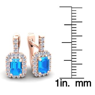 1 3/4 Carat Blue Topaz and Halo Diamond Dangle Earrings In 14 Karat Rose Gold