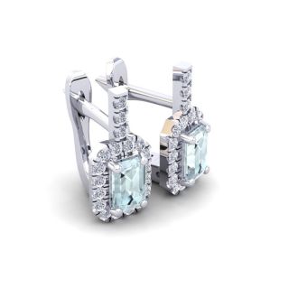 Aquamarine Earrings: Aquamarine Jewelry: 1 2/3 Carat Aquamarine and Halo Diamond Dangle Earrings In 14 Karat White Gold