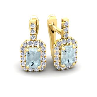 Aquamarine Earrings: Aquamarine Jewelry: 1 2/3 Carat Aquamarine and Halo Diamond Dangle Earrings In 14 Karat Yellow Gold