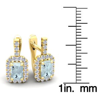 Aquamarine Earrings: Aquamarine Jewelry: 1 2/3 Carat Aquamarine and Halo Diamond Dangle Earrings In 14 Karat Yellow Gold