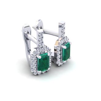 1 2/3 Carat Emerald and Halo Diamond Dangle Earrings In 14 Karat White Gold