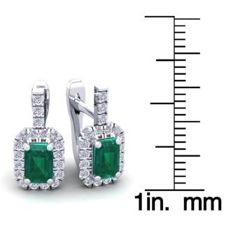 1 2/3 Carat Emerald and Halo Diamond Dangle Earrings In 14 Karat White Gold