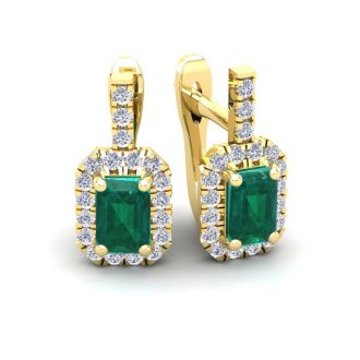 1 2/3 Carat Emerald and Halo Diamond Dangle Earrings In 14 Karat Yellow Gold
