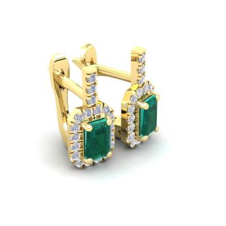 1 2/3 Carat Emerald and Halo Diamond Dangle Earrings In 14 Karat Yellow Gold