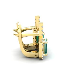 1 2/3 Carat Emerald and Halo Diamond Dangle Earrings In 14 Karat Yellow Gold