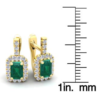1 2/3 Carat Emerald and Halo Diamond Dangle Earrings In 14 Karat Yellow Gold