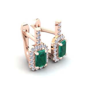1 2/3 Carat Emerald and Halo Diamond Dangle Earrings In 14 Karat Rose Gold