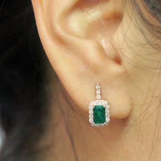 1 2/3 Carat Emerald and Halo Diamond Dangle Earrings In 14 Karat Rose Gold