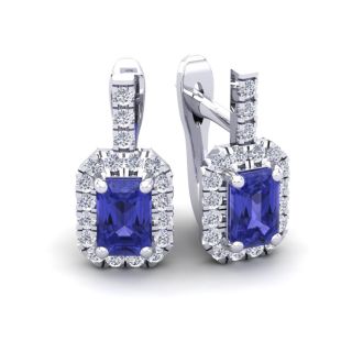 1 3/4 Carat Tanzanite and Halo Diamond Dangle Earrings In 14 Karat White Gold