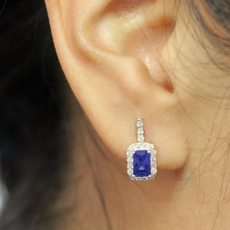 1 3/4 Carat Tanzanite and Halo Diamond Dangle Earrings In 14 Karat White Gold