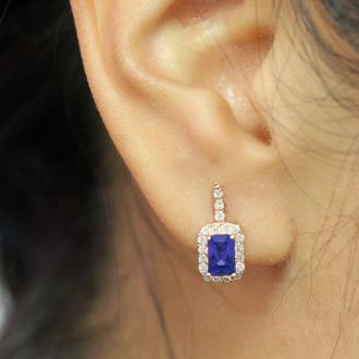 1 3/4 Carat Tanzanite and Halo Diamond Dangle Earrings In 14 Karat White Gold