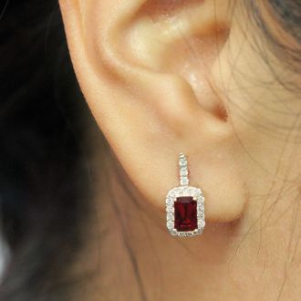 Garnet Earrings: Garnet Jewelry: 2 Carat Garnet and Halo Diamond Dangle Earrings In 14 Karat White Gold