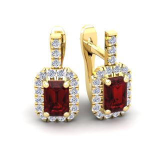 Garnet Earrings: Garnet Jewelry: 2 Carat Garnet and Halo Diamond Dangle Earrings In 14 Karat Yellow Gold