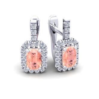 1-3/4 Carat Octagon Shape Morganite Earrings and Diamond Halo Dangle In 14 Karat White Gold