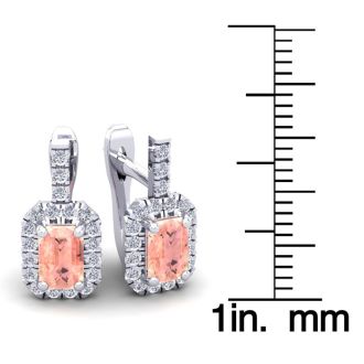 1-3/4 Carat Octagon Shape Morganite Earrings and Diamond Halo Dangle In 14 Karat White Gold