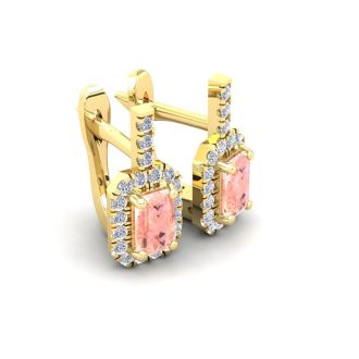 1-3/4 Carat Octagon Shape Morganite Earrings and Diamond Halo Dangle In 14 Karat Yellow Gold