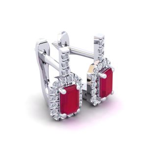 2 Carat Ruby and Halo Diamond Dangle Earrings In 14 Karat White Gold
