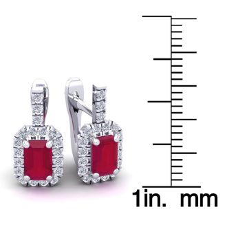 2 Carat Ruby and Halo Diamond Dangle Earrings In 14 Karat White Gold