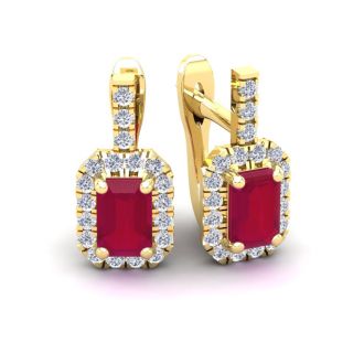 2 Carat Ruby and Halo Diamond Dangle Earrings In 14 Karat Yellow Gold