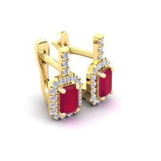 2 Carat Ruby and Halo Diamond Dangle Earrings In 14 Karat Yellow Gold