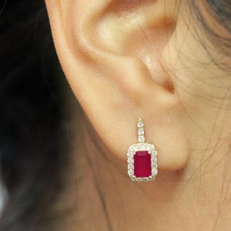 2 Carat Ruby and Halo Diamond Dangle Earrings In 14 Karat Yellow Gold