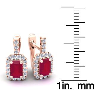 2 Carat Ruby and Halo Diamond Dangle Earrings In 14 Karat Rose Gold