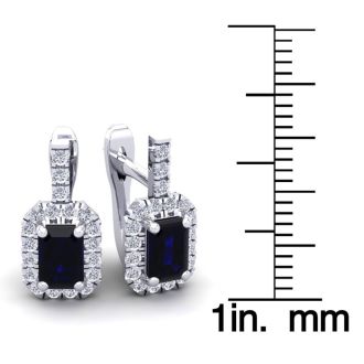 2 Carat Sapphire and Halo Diamond Dangle Earrings In 14 Karat White Gold