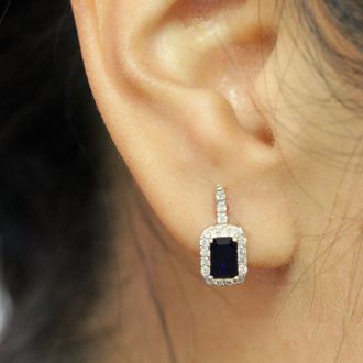 2 Carat Sapphire and Halo Diamond Dangle Earrings In 14 Karat White Gold