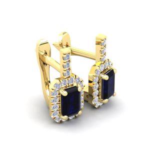 2 Carat Sapphire and Halo Diamond Dangle Earrings In 14 Karat Yellow Gold