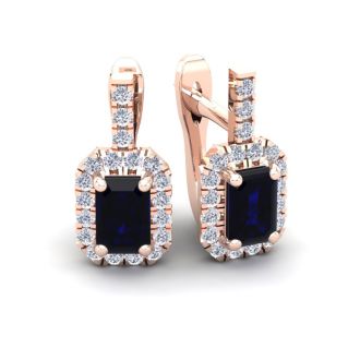 2 Carat Sapphire and Halo Diamond Dangle Earrings In 14 Karat Rose Gold