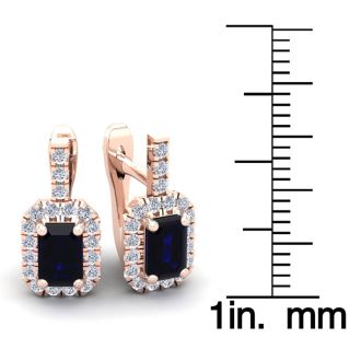 2 Carat Sapphire and Halo Diamond Dangle Earrings In 14 Karat Rose Gold