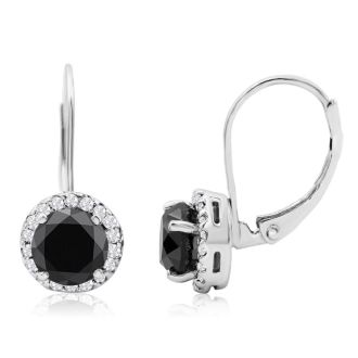 14K White Gold 2 1/4 Carat Black and White Halo Diamond Leverback Earrings
