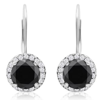 14K White Gold 2 1/4 Carat Black and White Halo Diamond Leverback Earrings