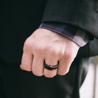 8MM Ethically Sourced Koa Wood and Black Tungsten Carbide Ring