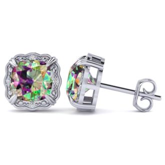 2ct Cushion Cut Mystic Topaz and Diamond Earrings in 10k White Gold