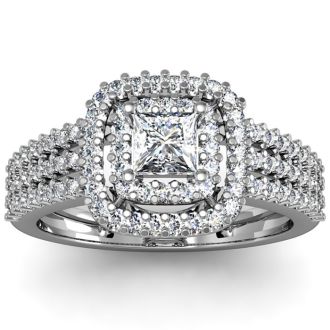 1 Carat Double Halo Massive Looking Princess Diamond Engagement Ring In 14K White Gold
