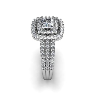 1 Carat Double Halo Massive Looking Princess Diamond Engagement Ring In 14K White Gold