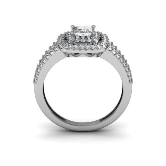 1 Carat Double Halo Massive Looking Princess Diamond Engagement Ring In 14K White Gold