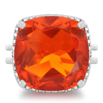 12ct Split Shank Cushion Cut Created Padparadscha Sapphire and Diamond Ring In Sterling Silver

