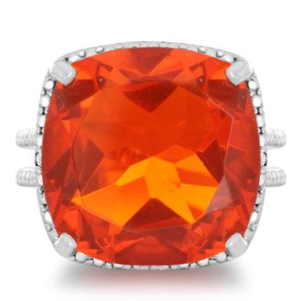 12ct Split Shank Cushion Cut Created Padparadscha Sapphire and Diamond Ring In Sterling Silver

