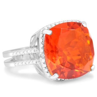 12ct Split Shank Cushion Cut Created Padparadscha Sapphire and Diamond Ring In Sterling Silver


