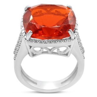 12ct Split Shank Cushion Cut Created Padparadscha Sapphire and Diamond Ring In Sterling Silver

