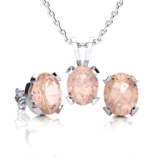3 Carat Oval Shape Morganite Necklace and Earring Set In Sterling Silver