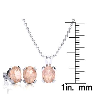 3 Carat Oval Shape Morganite Necklace and Earring Set In Sterling Silver